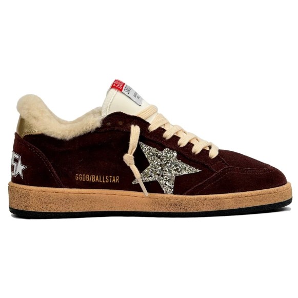 Женские зимние кеды Golden Goose Ball-Star Winter Brown Shearling With Silver Glitter Star